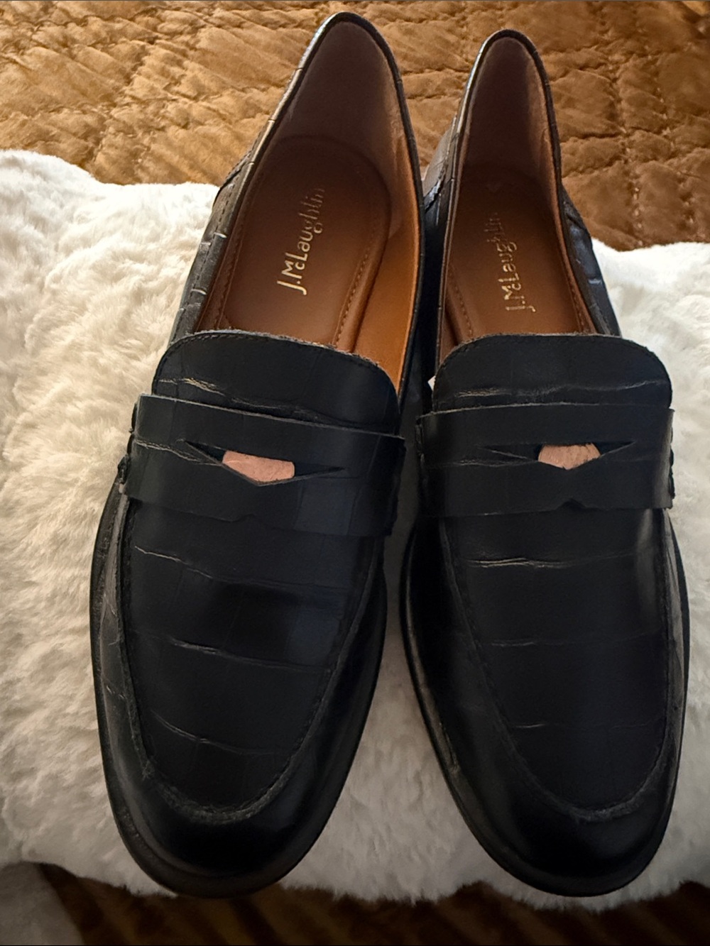 J. McLaughlin Black Croc-Embossed Penny Loafers